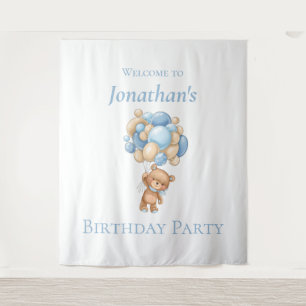 Teddy Bear Balloons Blue Boy Birthday backdrop Tapestry