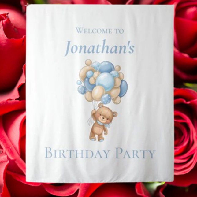 Teddy Bear  Balloons Blue Boy Birthday backdrop Tapestry (Celebrate your boy’s birthday with a charming blue teddy bear balloons backdrop)