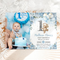 Teddy Bear Balloons Blue Floral 1st Birthday Photo