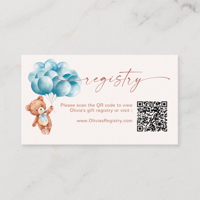 Teddy Bear Balloons Blue QR Code Registry Enclosure Card (Front)