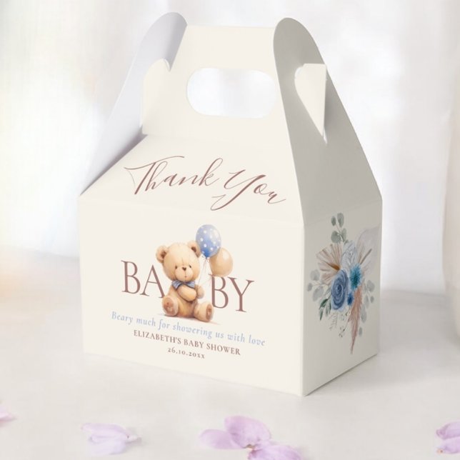 Teddy Bear Balloons Boho Blue Rose Floral Favour Box (Creator Uploaded)