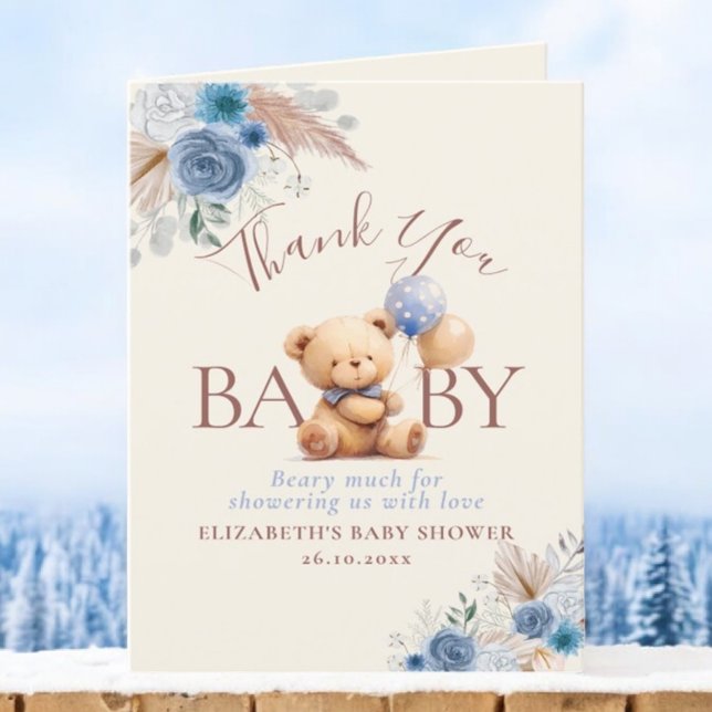 Teddy Bear Balloons Boho Blue Rose Floral Thank You Card (Creator Uploaded)