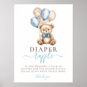 Teddy Bear Balloons Boy Baby Shower Diaper Raffle Poster