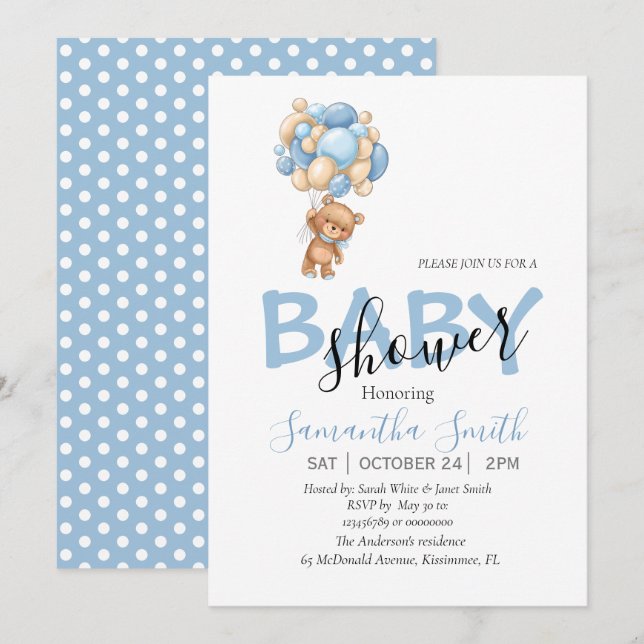 Teddy Bear Balloons Boy Baby Shower Invitation (Front/Back)