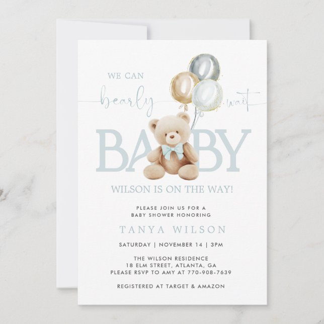 Teddy Bear Balloons Boy Baby Shower Invitation (Front)
