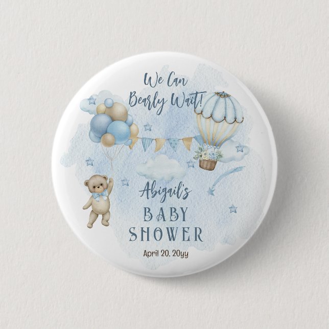 Teddy Bear Balloons Boy Bearly Wait Baby Shower  6 Cm Round Badge (Front)