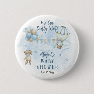 Teddy Bear Balloons Boy Bearly Wait Baby Shower  6 Cm Round Badge