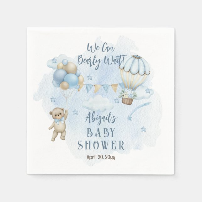 Teddy Bear Balloons Boy Bearly Wait Baby Shower Napkin (Front)