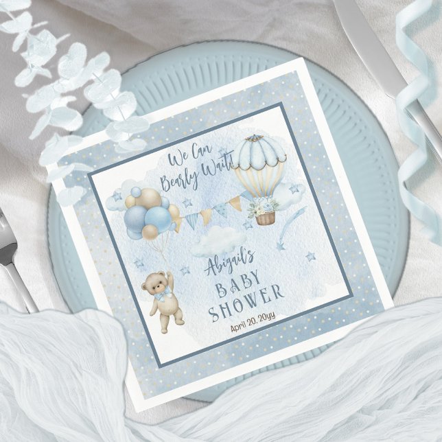 Teddy Bear Balloons Boy Bearly Wait Baby Shower  Napkin (Creator Uploaded)