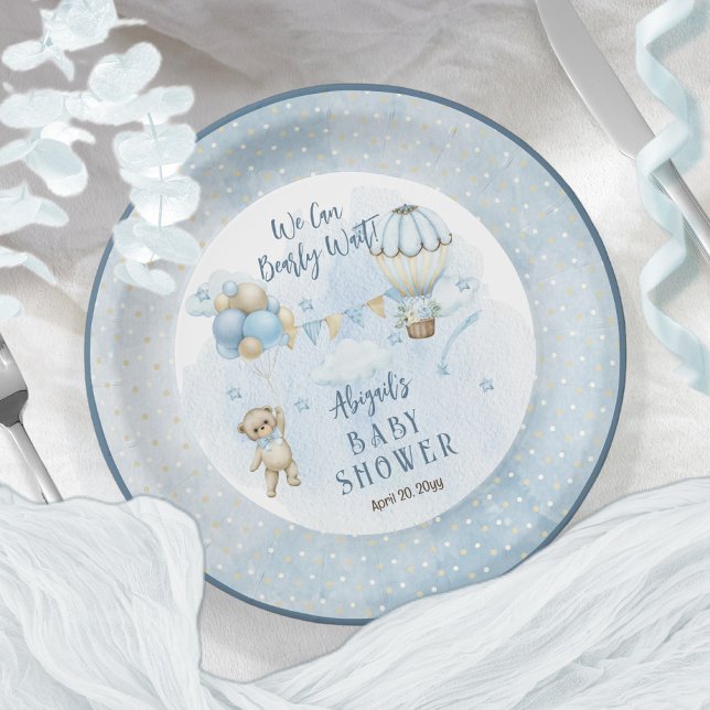 Teddy Bear Balloons Boy Bearly Wait Baby Shower  Paper Plate (Creator Uploaded)