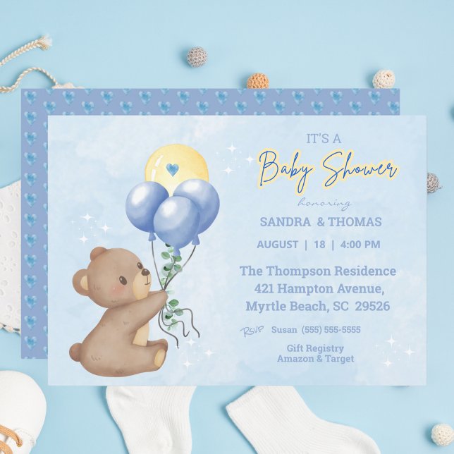 Teddy Bear Balloons Boys Baby Shower Invitation (Creator Uploaded)