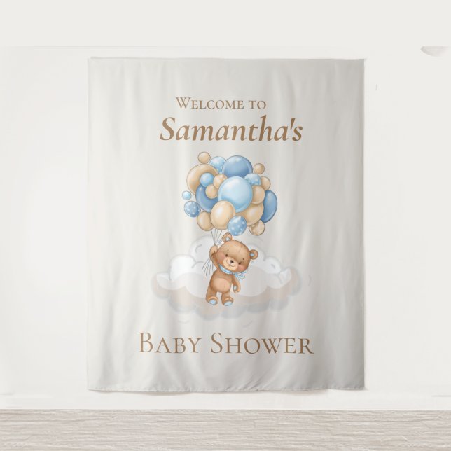 Teddy Bear Balloons Brown Baby Shower backdrop Tapestry (Front)
