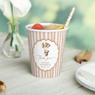 Teddy Bear Balloons Brown Stripes Birthday Paper Cups