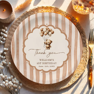 Teddy Bear Balloons Brown Stripes Birthday Paper Plate