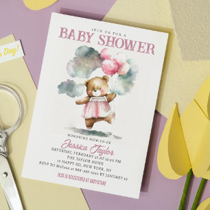 Teddy Bear Balloons Clouds Girly Baby Shower Invitation
