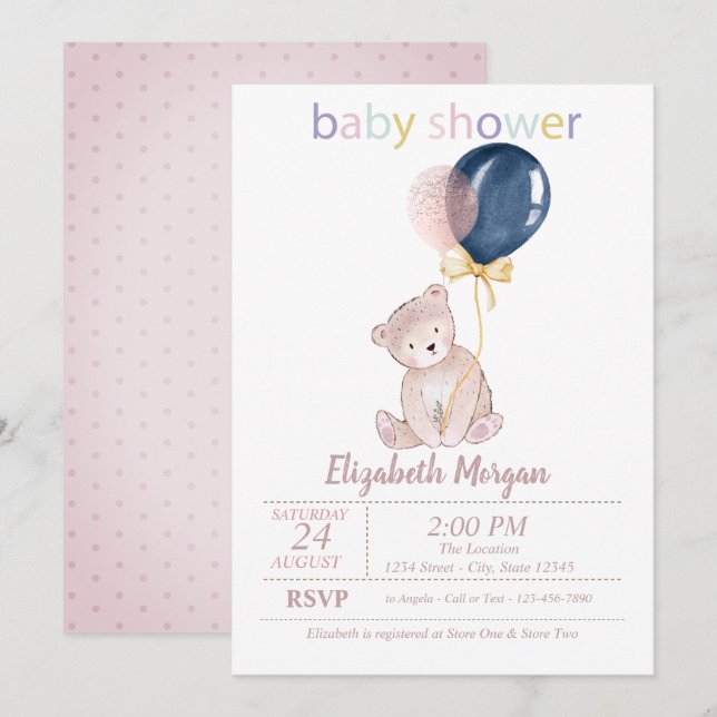 Teddy Bear Balloons Dots Baby Shower  Invitation (Front/Back)