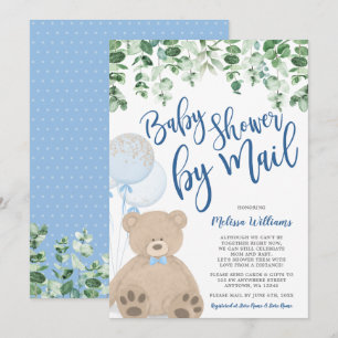 Teddy Bear Balloons Eucalyptus Baby Shower by Mail Invitation