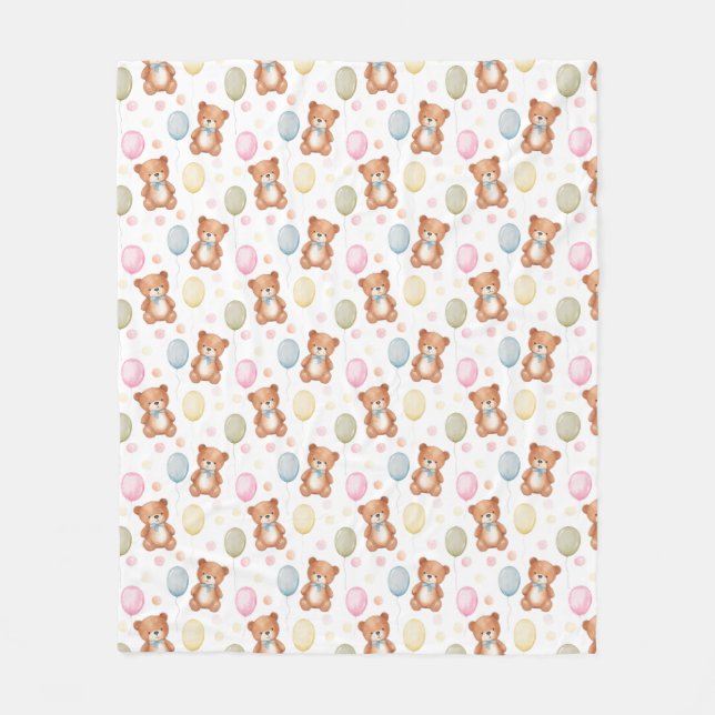 Teddy Bear & Balloons Fleece Blanket – Soft & Cosy (Front)