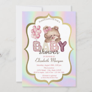 Teddy Bear Balloons Frame Holographic Baby Shower Invitation