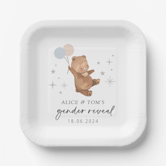 Teddy Bear Balloons Gender Reveal Paper Plate (Front)