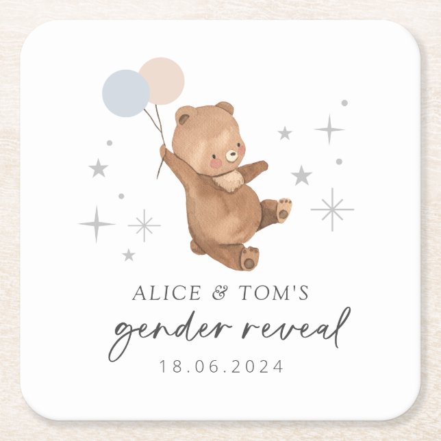 Teddy Bear Balloons Gender Reveal Square Paper Coaster (Front)