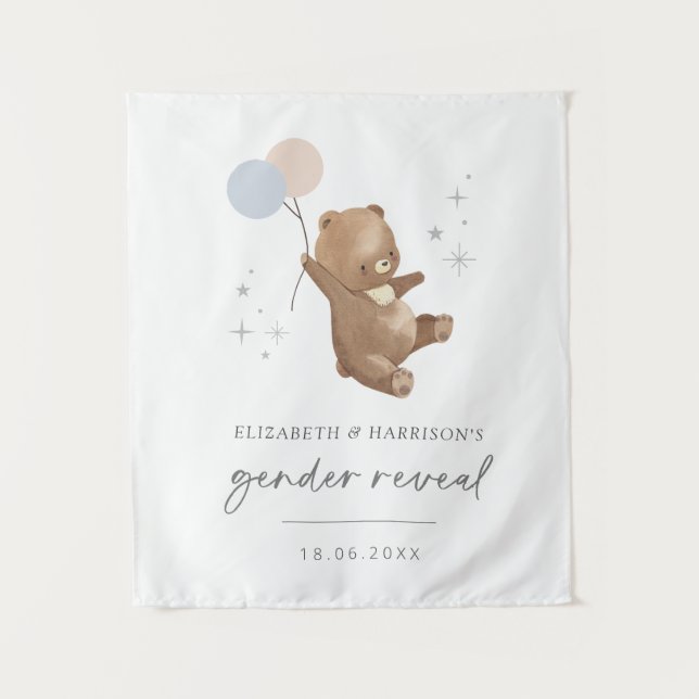 Teddy Bear Balloons Gender Reveal Welcome Sign Tapestry (Front)