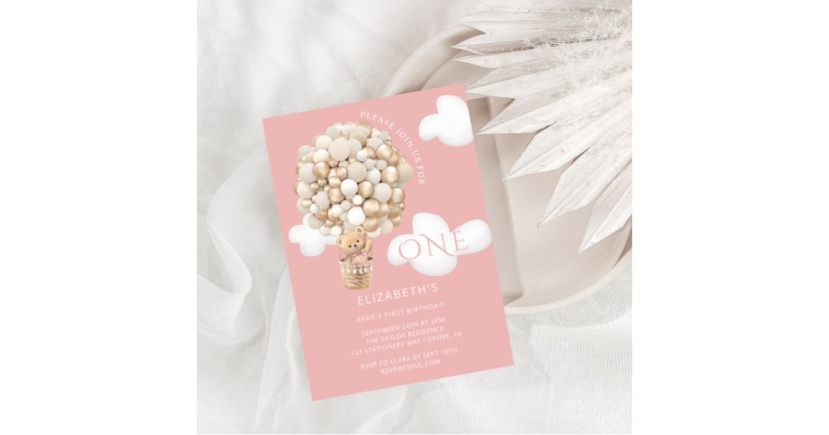 Teddy Bear Balloons Girl 1st Birthday Invitation | Zazzle