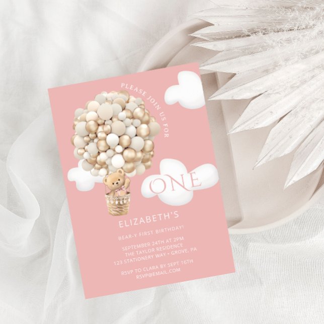 Teddy Bear Balloons Girl 1st Birthday Invitation (Creator Uploaded)