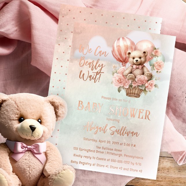 Teddy Bear Balloons Girl Bearly Wait Baby Shower (Teddy Bear Balloons Pink Flowers "We Can Bearly Wait" Girl Baby Shower Rose Gold Foil Invitation)