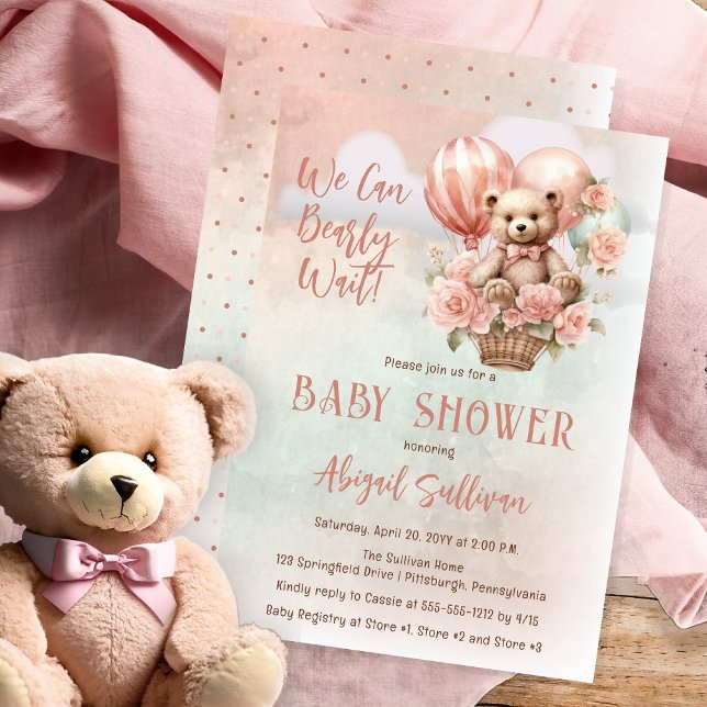 Teddy Bear Balloons Girl Bearly Wait Baby Shower Invitation (Teddy Bear in a Hot Air Balloon with Pink Flowers "We Can Bearly Wait" Girl Baby Shower Invitation)