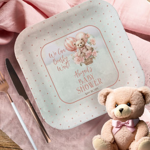 Teddy Bear Balloons Girl Bearly Wait Baby Shower Paper Plate