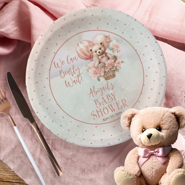Teddy Bear Balloons Girl Bearly Wait Baby Shower Paper Plate (Teddy Bear in a Hot Air Balloon with Pink Flowers  Girl Baby Shower Paper Plates)