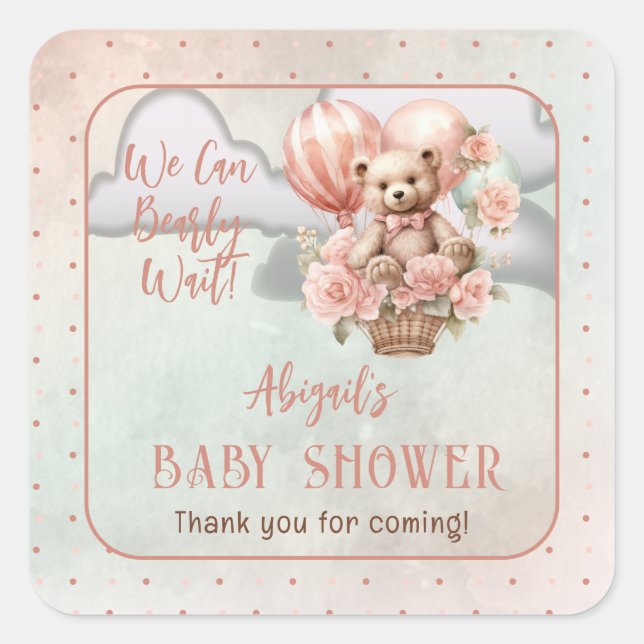 Teddy Bear Balloons Girl Bearly Wait Baby Shower Square Sticker (Front)