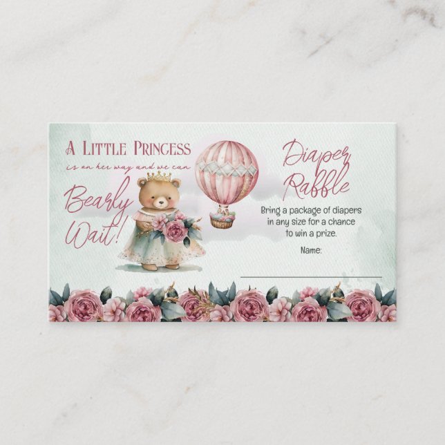 Teddy Bear Balloons Girl Bearly Wait Diaper Raffle Enclosure Card (Front)