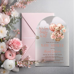 Teddy Bear Balloons Girl Virtual Baby Shower Acrylic Invitations