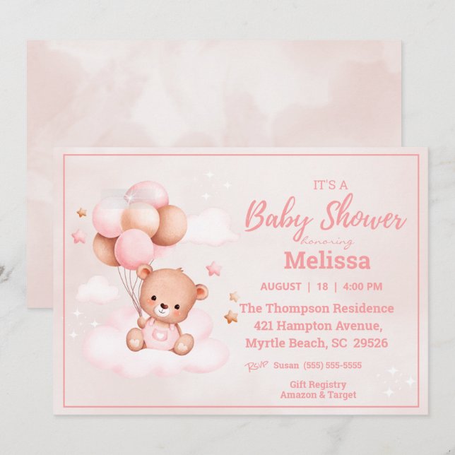 Teddy Bear Balloons Girls Baby Shower Invitation (Front/Back)