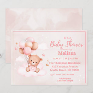 Teddy Bear Balloons Girls Baby Shower Invitation