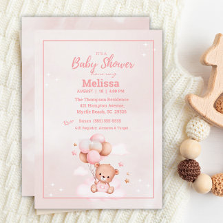 Teddy Bear Balloons Girls Baby Shower Invitation