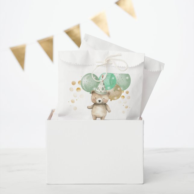 Teddy Bear Balloons Green Gold Baby Shower Favour Bags (Party)