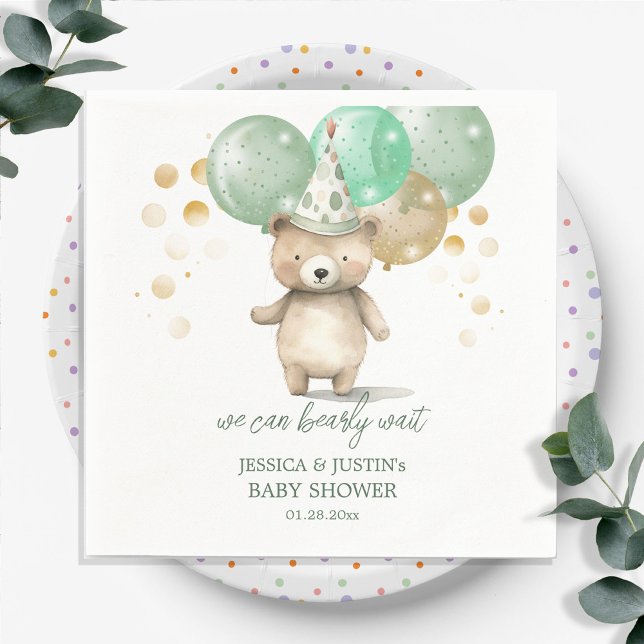 Teddy Bear Balloons Green Gold Baby Shower Napkin (Creator Uploaded)