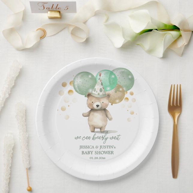 Teddy Bear Balloons Green Gold Baby Shower Paper Plate (Wedding)