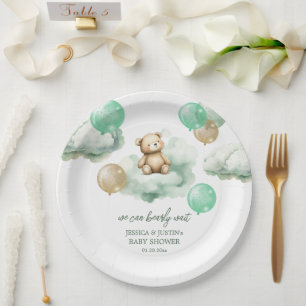 Teddy Bear Balloons Green Gold Sky Baby Shower Paper Plate