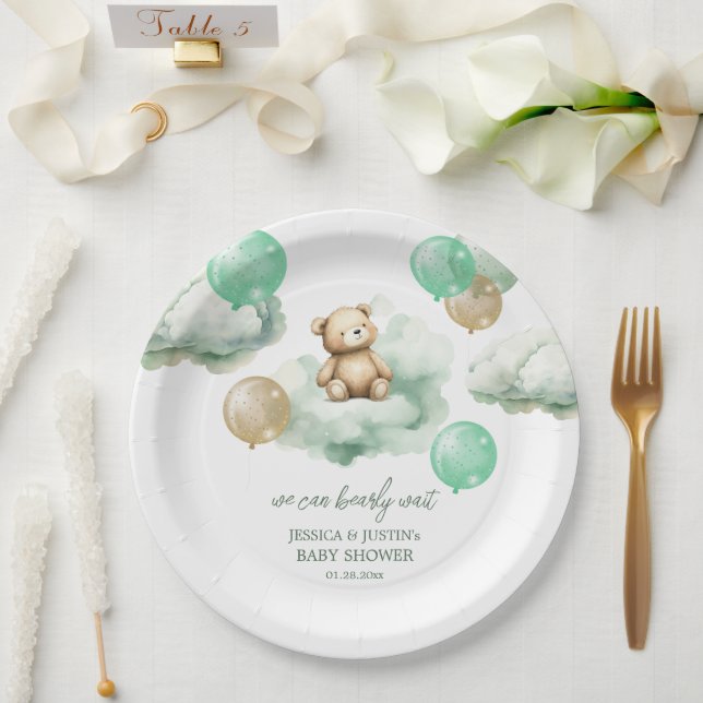 Teddy Bear Balloons Green Gold Sky Baby Shower Paper Plate (Wedding)