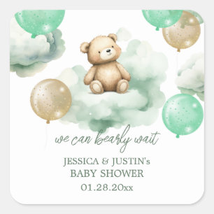 Teddy Bear Balloons Green Gold Sky Baby Shower Square Sticker