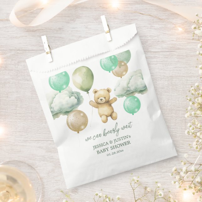 Teddy Bear Balloons Green Sky Baby Shower Favour Bags (Clipped)