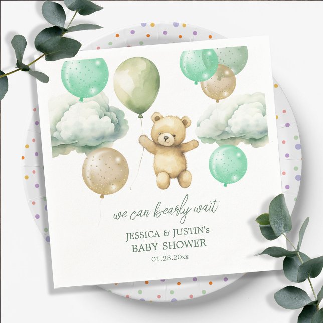 Teddy Bear Balloons Green Sky Baby Shower Napkin (Creator Uploaded)