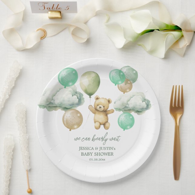 Teddy Bear Balloons Green Sky Baby Shower Paper Plate (Wedding)