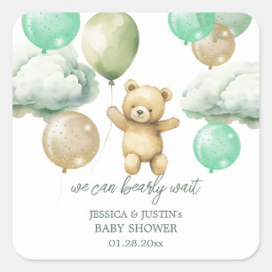 Teddy Bear Balloons Green Sky Baby Shower Square Sticker