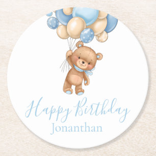 Teddy Bear Balloons Happy Birthday Blue Boy Round Paper Coaster