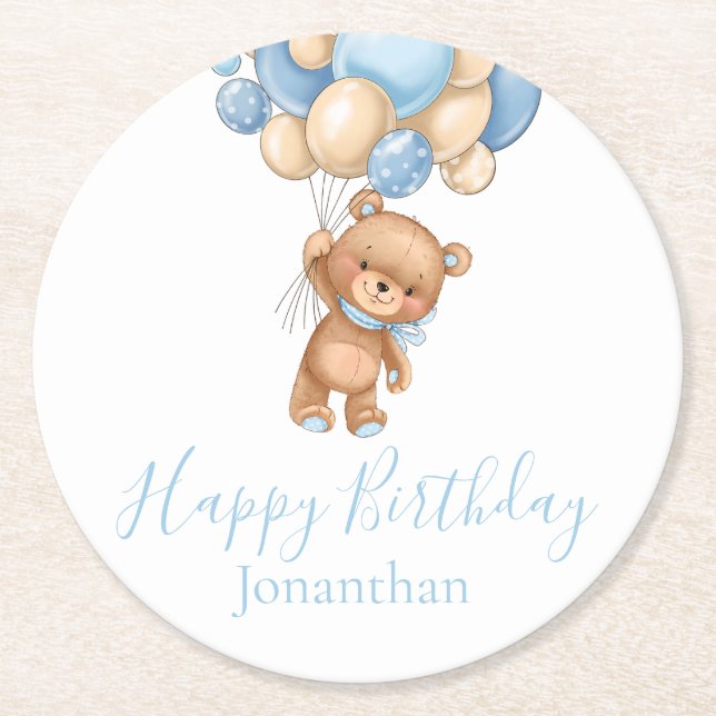 Teddy Bear Balloons Happy Birthday Blue Boy Round Paper Coaster (Front)